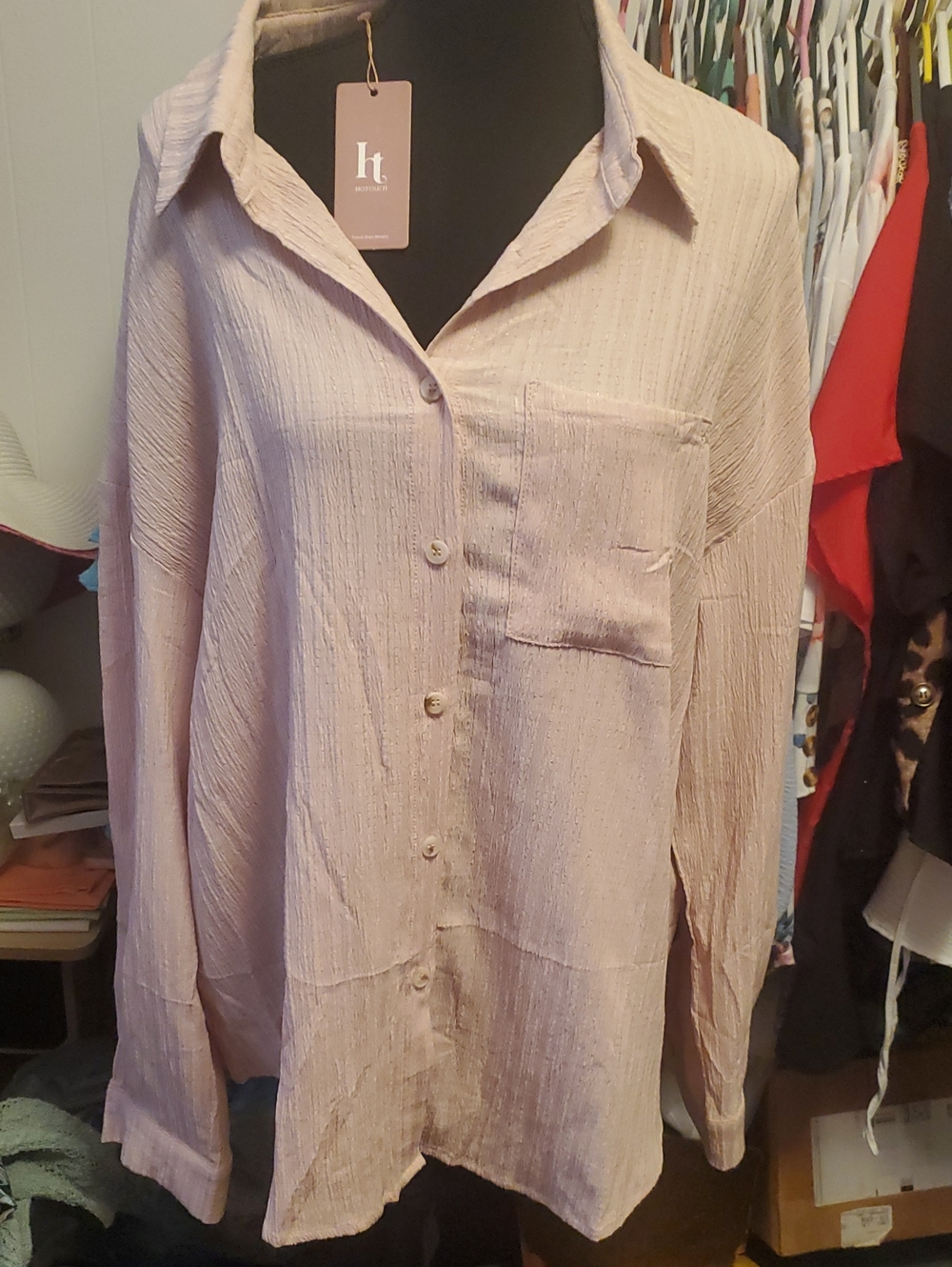 HT Textured Button-Front Long Sleeve Shirt - Pale Pinkish Beige.